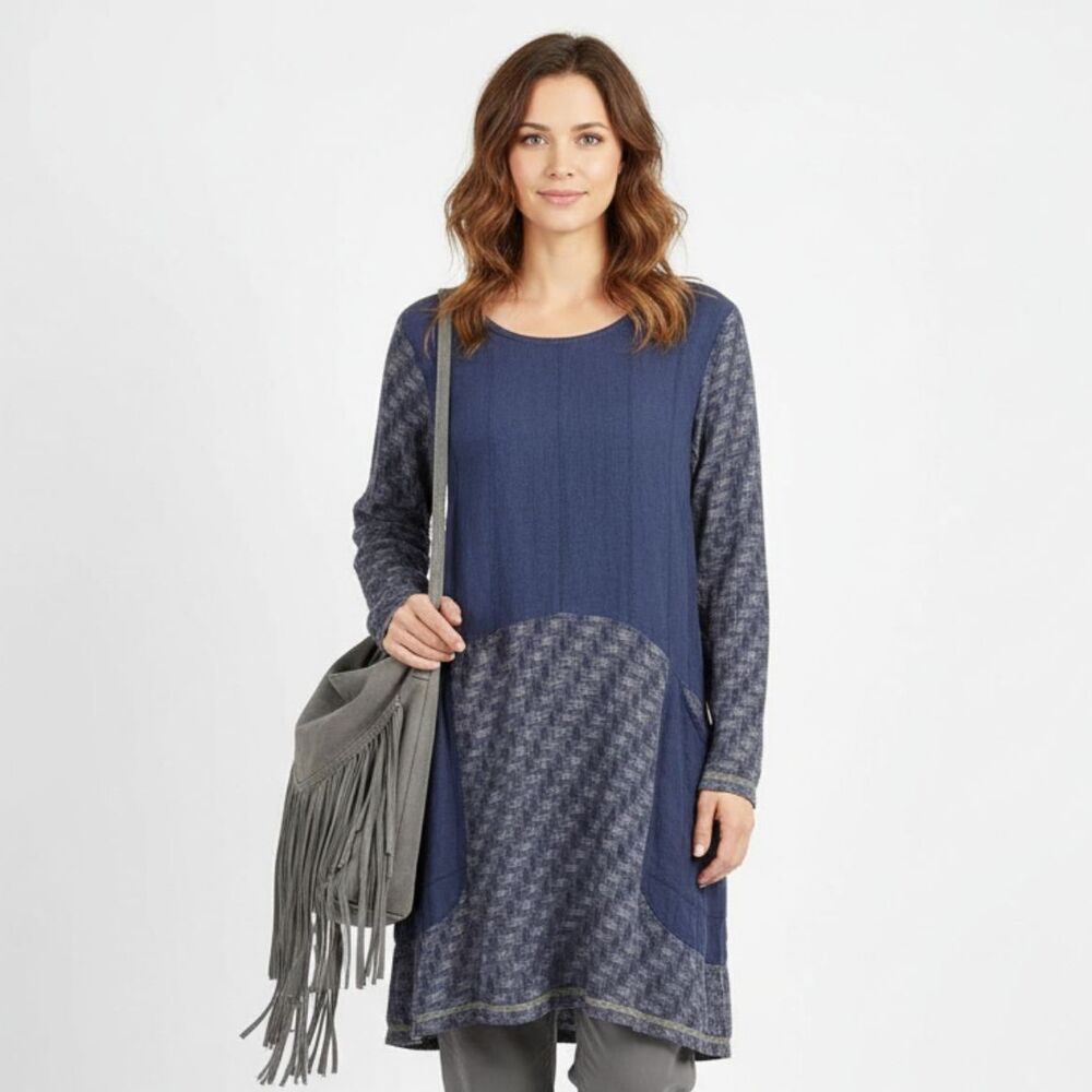 Flax‎ Blue 100% Linen Long Sleeve Two Tone Tunic Top P